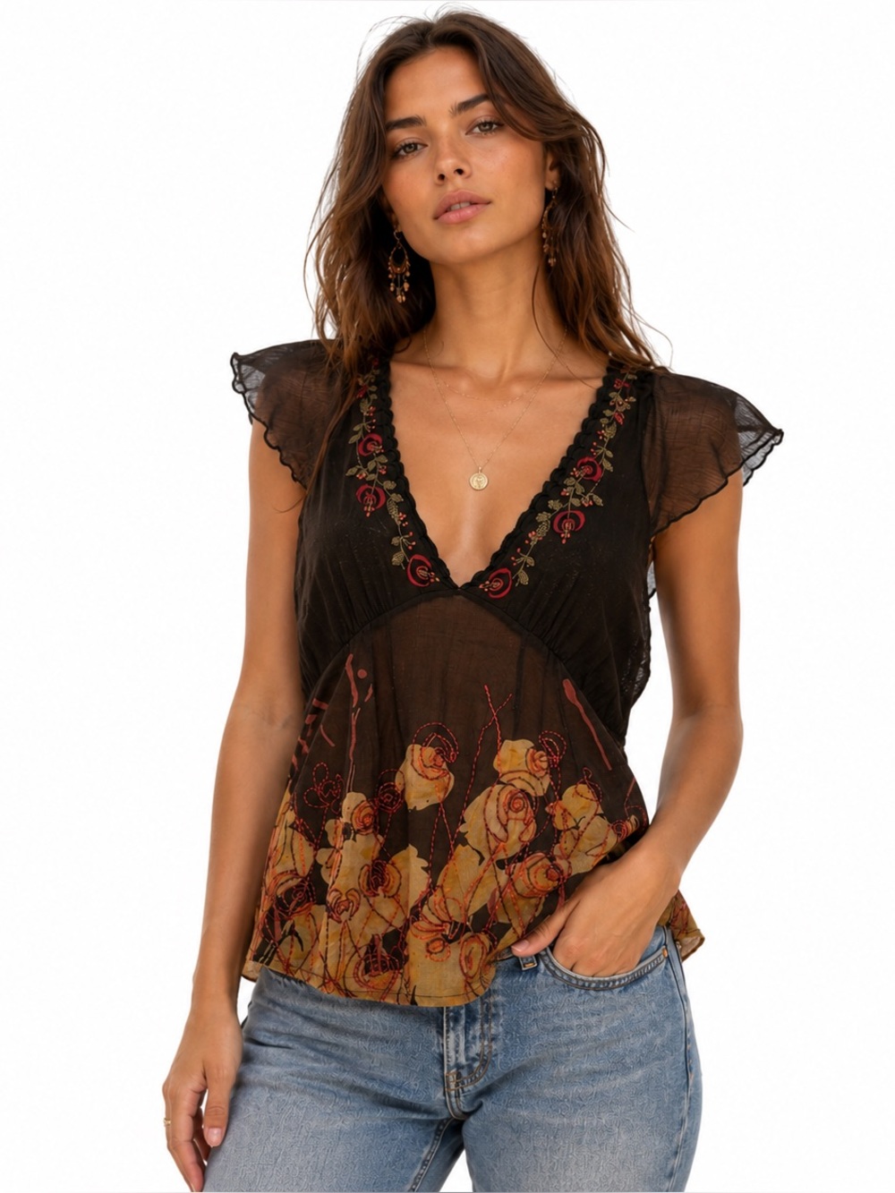 Free People Brown Boho Floral V-Neck Tunic with Embroidered Detail | Size 6